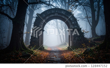 An old stone archway forms a magical tunnel through an autumn forest, inviting a walk down a light-dappled path 128447152