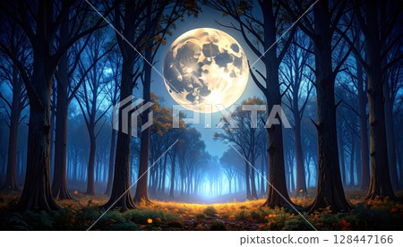 Abstract grunge background with stars, a dark blue night sky, and silhouetted trees under a bright moon 128447166