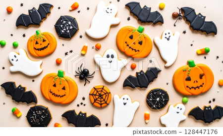 Spooky Halloween cartoon illustration with pumpkins, ghosts, and bats perfect for an October night celebration 128447176