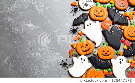 Spooky Halloween cartoon illustration with pumpkins, ghosts, and bats perfect for an October night celebration 128447178