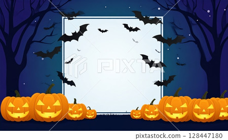 Spooky Halloween pumpkin and bat silhouette frame vector illustration for autumn night holiday celebration banner design Spooky Halloween pumpkin and bat silhouette frame vector illustration for autumn night holiday celebration banner design 128447180