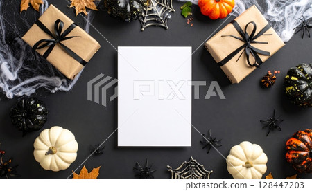 Autumn leaves and pumpkins form a vintage border design perfect for a holiday photo frame or greeting card illustration Autumn leaves and pumpkins form a vintage border design perfect for a holiday photo frame or greeting card illustration 128447203