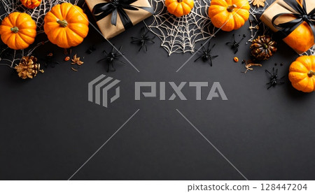 Autumn leaves and pumpkins form a vintage border design perfect for a holiday photo frame or greeting card illustration 128447204