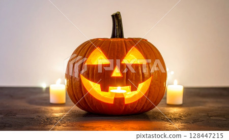 Evil face Halloween pumpkin jack-o-lantern for autumn holiday decoration 128447215