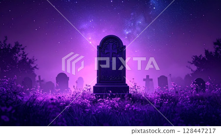 Night city skyline with a dark cemetery silhouette under a starry sky 128447217