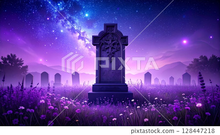 Night city skyline with a dark cemetery silhouette under a starry sky 128447218
