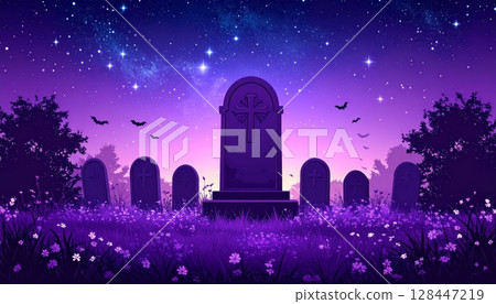 Night city skyline with a dark cemetery silhouette under a starry sky 128447219