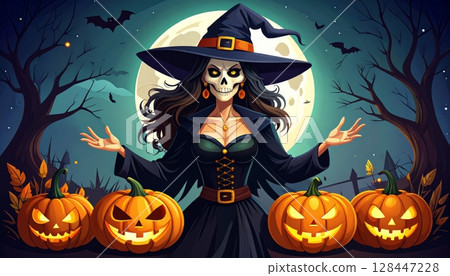 Spooky Halloween night with a cartoon witch, black cat, and orange pumpkin illustration under a crescent moon, perfect for a party invitation or holiday background design Spooky Halloween night with a cartoon witch, black cat, and orange pumpkin illustration under a crescent moon, perfect for a party invitation or holiday background design 128447228
