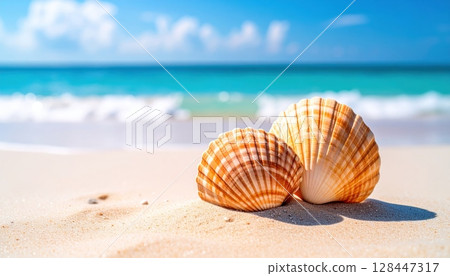 Beautiful seashells scattered across the sandy beach, inviting thoughts of tropical summer vacations by the ocean 128447317