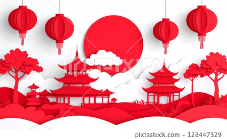 Paper Cut Red Chinese lanterns decorate a temple wall, a festive symbol of love and celebration for the New Year holiday Paper Cut Red Chinese lanterns decorate a temple wall, a festive symbol of love and celebration for the New Year holiday 128447329
