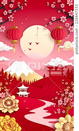 Paper Cut Chinese New Year celebration background with festive flowers, a perfect greeting card design 128447333