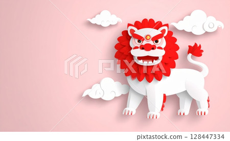 Paper Cut cartoon Lion illustration with pink heart, cake, and flowers, perfect for a sweet birthday or Valentine's Day card design Paper Cut cartoon Lion illustration with pink heart, cake, and flowers, perfect for a sweet birthday or Valentine's Day card design 128447334