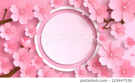 Paper Cut Pink flower frame card with floral love heart border 128447336