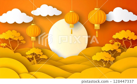 Paper Cut Vector illustration of an abstract autumn nature landscape with colorful leaves and trees under a clear sky, perfect for a seasonal background design Paper Cut Vector illustration of an abstract autumn nature landscape with colorful leaves and trees under a clear sky, perfect for a seasonal background design 128447337