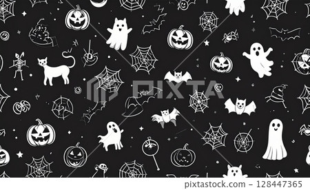 Cute cartoon animal seamless pattern set with cats, ghosts, sheep, and other funny baby animal illustrations perfect for Halloween scrapbook or wallpaper design 128447365