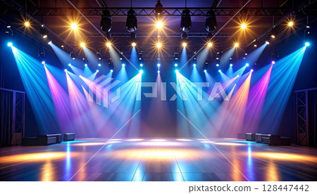 Bright blue stage spotlight shines on an abstract glowing background, perfect for a concert, disco party, or music show 128447442