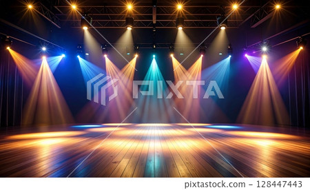 Bright blue stage spotlight shines on an abstract glowing background, perfect for a concert, disco party, or music show 128447443