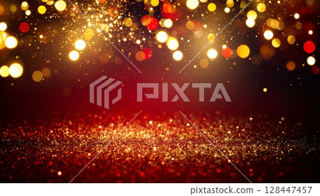 Golden blurred Christmas tree lights sparkle with a festive glow, perfect for a holiday background Golden blurred Christmas tree lights sparkle with a festive glow, perfect for a holiday background 128447457