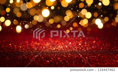 Golden blurred Christmas tree lights sparkle with a festive glow, perfect for a holiday background Golden blurred Christmas tree lights sparkle with a festive glow, perfect for a holiday background 128447462