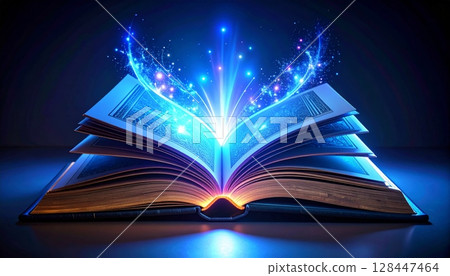 An open, old book emits magic light, illuminating its pages of wisdom and knowledge for reading and study An open, old book emits magic light, illuminating its pages of wisdom and knowledge for reading and study 128447464