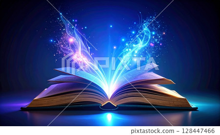 An open, old book emits magic light, illuminating its pages of wisdom and knowledge for reading and study 128447466