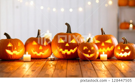 Spooky carved Halloween pumpkin with a scary face, an orange autumn holiday decoration 128447505