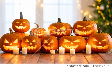 Spooky carved Halloween pumpkin with a scary face, an orange autumn holiday decoration Spooky carved Halloween pumpkin with a scary face, an orange autumn holiday decoration 128447506