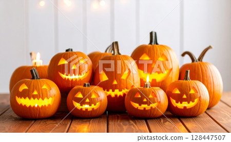 Spooky carved Halloween pumpkin with a scary face, an orange autumn holiday decoration Spooky carved Halloween pumpkin with a scary face, an orange autumn holiday decoration 128447507