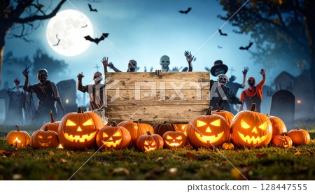 Spooky Halloween night with a dark tree silhouette, flying bats, and an orange pumpkin illustration perfect for an autumn holiday celebration card design 128447555
