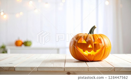 Jack-o'-lanterns with spooky faces glow orange, symbolizing Halloween and the autumn season's scary, carved pumpkin decorations 128447562