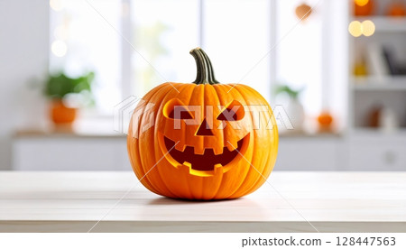 Jack-o'-lanterns with spooky faces glow orange, symbolizing Halloween and the autumn season's scary, carved pumpkin decorations 128447563