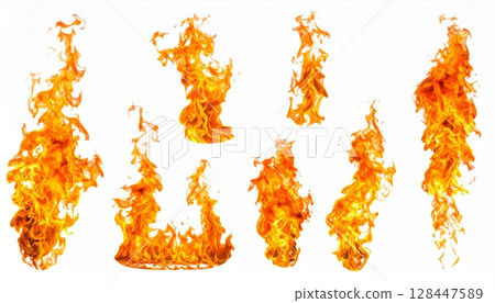 Vibrant red and orange flames blaze with intense heat and smoke against a dark background, evoking abstract energy and danger 128447589