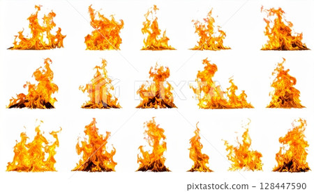 Vibrant red and orange flames blaze with intense heat and smoke against a dark background, evoking abstract energy and danger 128447590