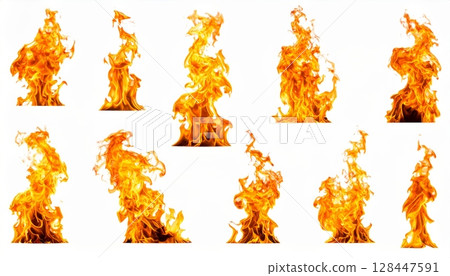 Vibrant red and orange flames blaze with intense heat and smoke against a dark background, evoking abstract energy and danger 128447591
