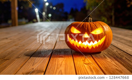 Orange carved Halloween pumpkins with a spooky smile glow in the dark, isolated as a symbol of fear and autumn holiday decoration 128447668