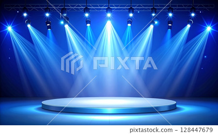 Bright spotlights glow on a dark stage, illuminating a vibrant blue party backdrop with dynamic rays of color, perfect for a lively disco concert show Bright spotlights glow on a dark stage, illuminating a vibrant blue party backdrop with dynamic rays of color, perfect for a lively disco concert show 128447679