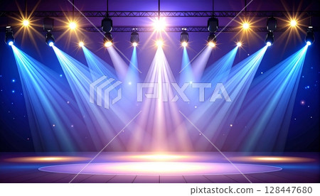 Bright spotlights glow on a dark stage, illuminating a vibrant blue party backdrop with dynamic rays of color, perfect for a lively disco concert show Bright spotlights glow on a dark stage, illuminating a vibrant blue party backdrop with dynamic rays of color, perfect for a lively disco concert show 128447680
