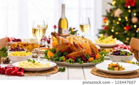 A perfectly grilled gourmet chicken dinner with healthy vegetables and a glass of wine on a white plate set on a table in a restaurant 128447687