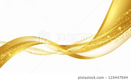 Elegant golden wedding rings with a smoke curve line design illustration on a vibrant orange and yellow color light backdrop 128447694