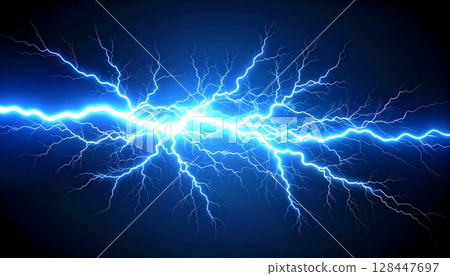 Blue lightning bolts powerfully flash across the dark night sky, illuminating the electric storm with a striking fractal design 128447697