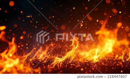 Orange fiery hot burning flames with smoke and light on a black background 128447807