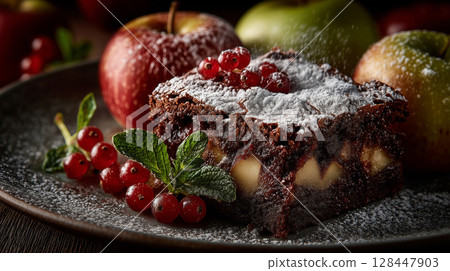 Decadent brownie with apples and berries served on rustic plate 128447903