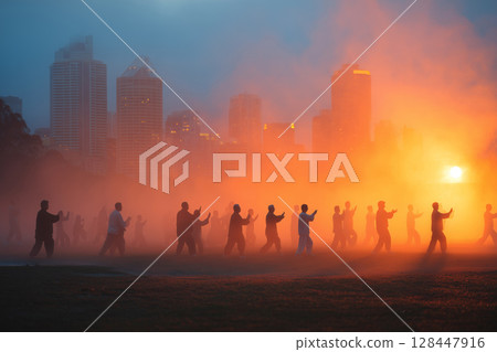 Diverse group practices tai chi in urban park during sunset with city skyline 128447916