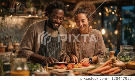 Joyful LGBTQ couple prepares a wholesome macro-balanced dinner together 128447933