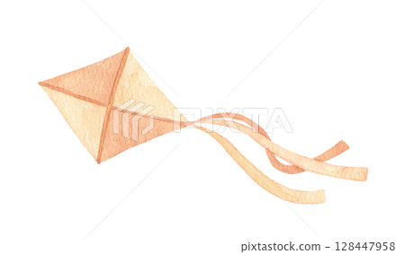 Watercolor flying beige kite. Hand drawn isolated illustration for kids. Cute drawing 128447958