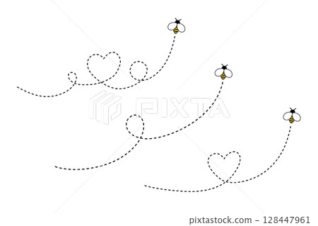 Bee flying doted heart path, line way. Bumblebee with cute wings. Vector bug 128447961