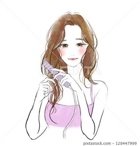 Illustration of a woman using a hair iron 128447999