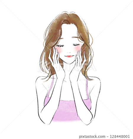 一位微笑美女雙手放在臉頰上的插圖 128448001