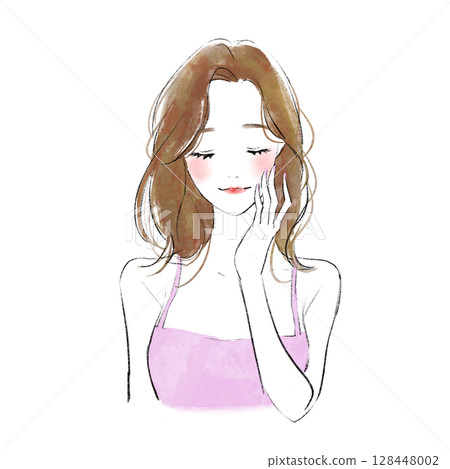 Illustration of a smiling beauty woman with her eyes closed and her hand on her cheek 128448002