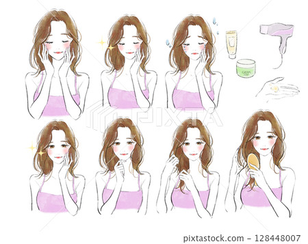 A set of illustrations of beauty women holding their hands on their faces 128448007